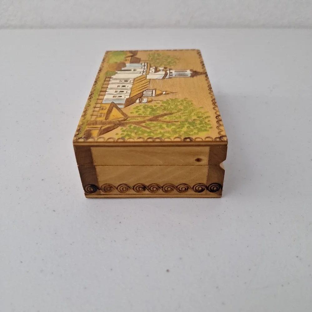 Vtg 1969 USSR Russian Carved Wood Folk Art Pyrography Jewelry Trinket Box 5.5